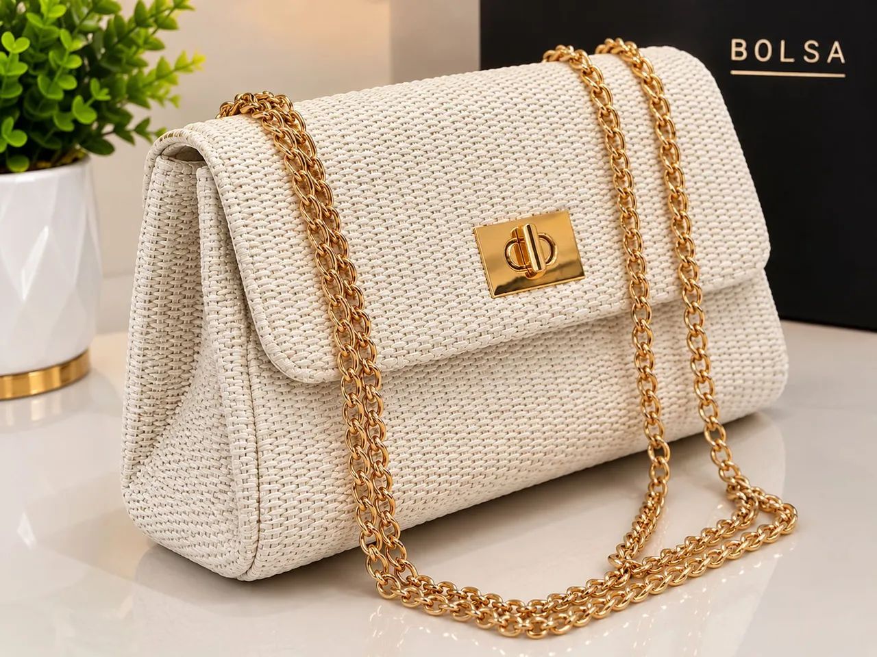 Bolsa feminina de palha com corrente dourada elegante