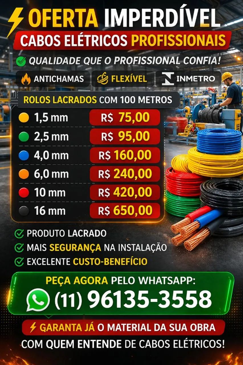 Cabos Elétricos flexível antichamas  certificado pelo Inmetro 