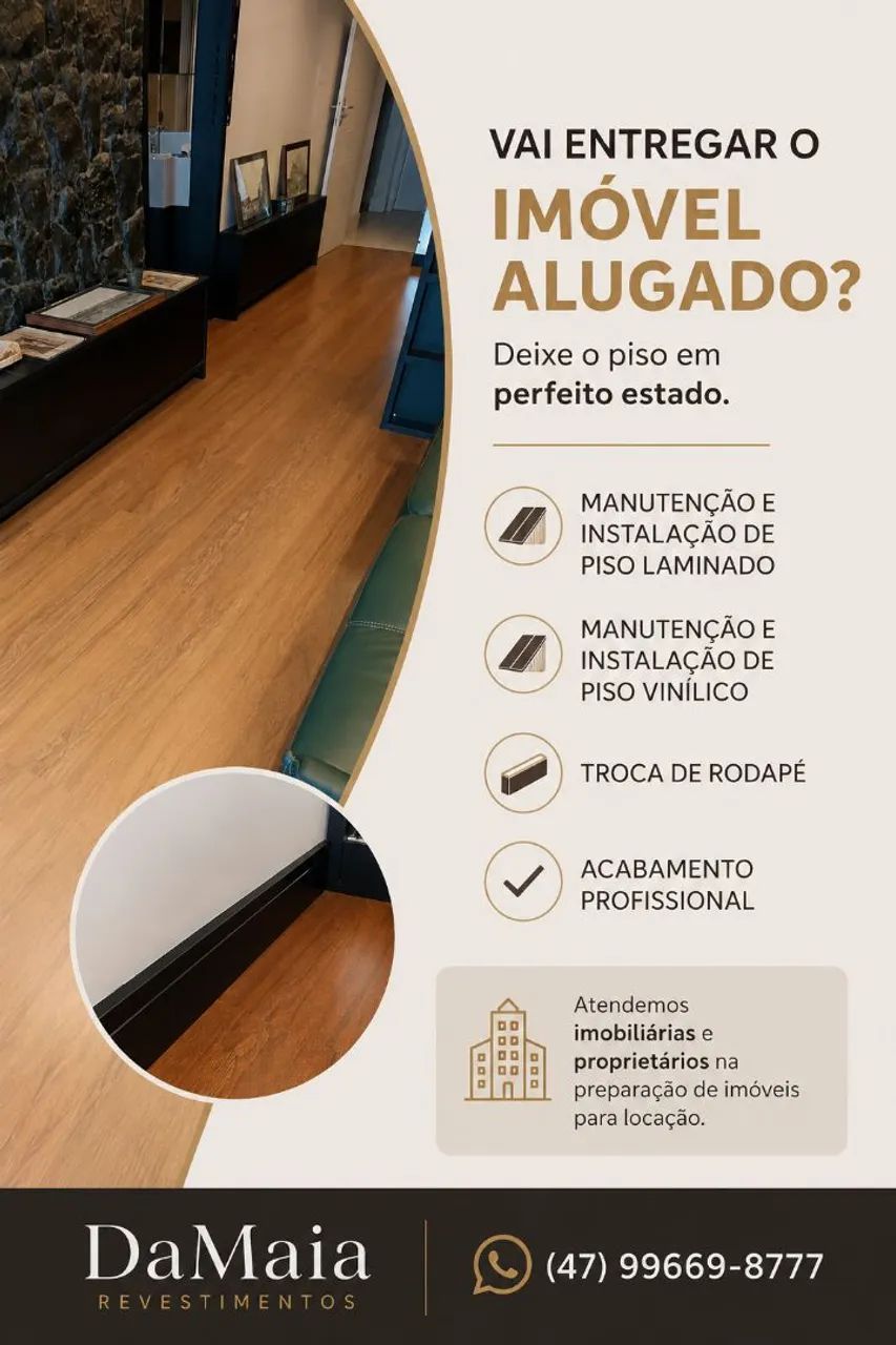 Piso laminado, piso vinílico e rodapés.