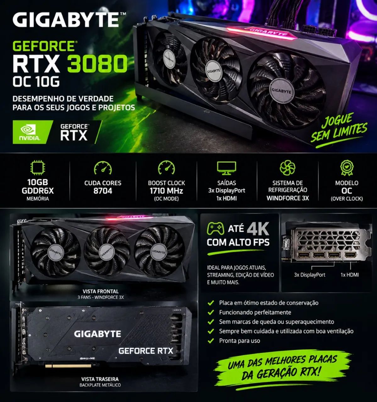 NVIDIA GeForce RTX 3080 10GB (BTO取外品) RTX 3080 OC 10G GDDR6X GIGABYTE - Placas de Vídeo - Cidade