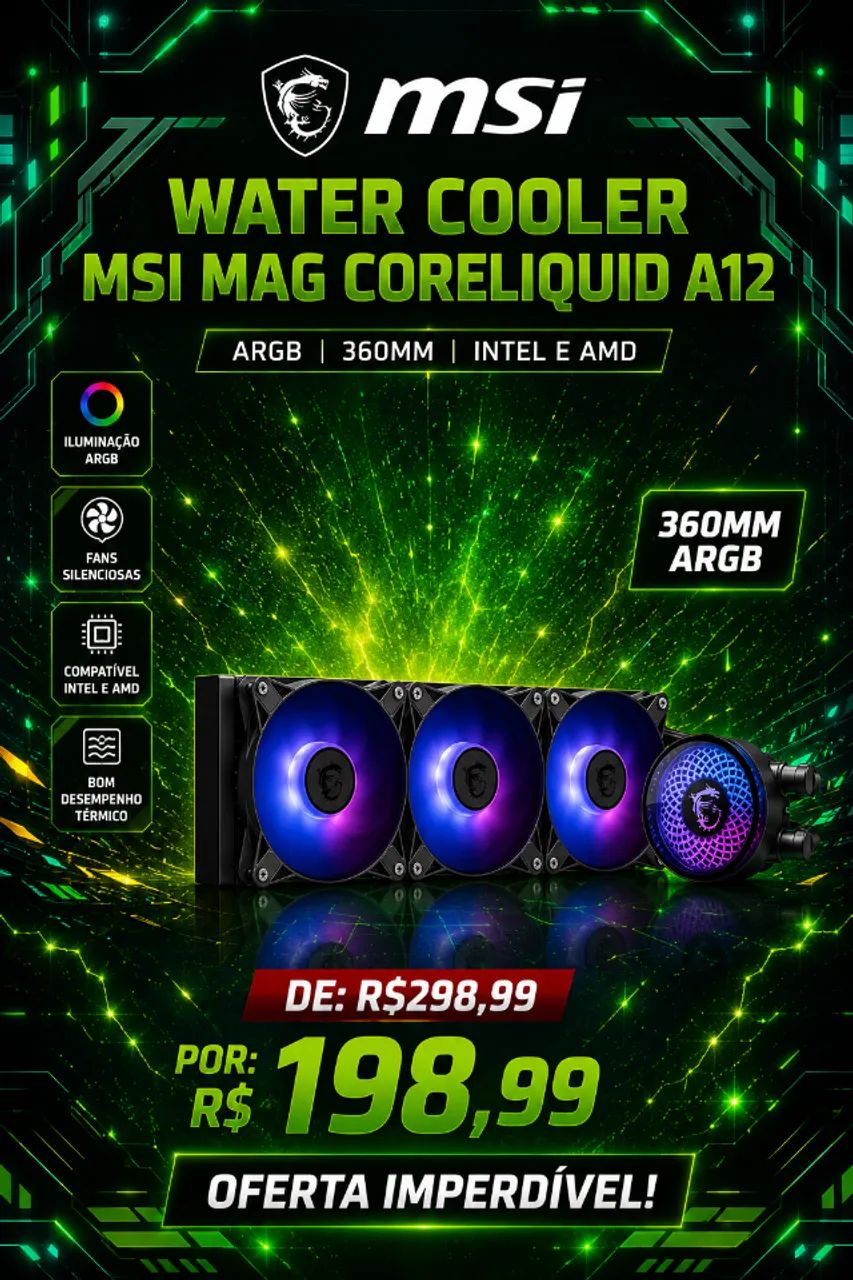 Water Cooler MSI MAG Coreliquid A12, ARGB, 360mm, Intel e AMD, Preto - CLA12360