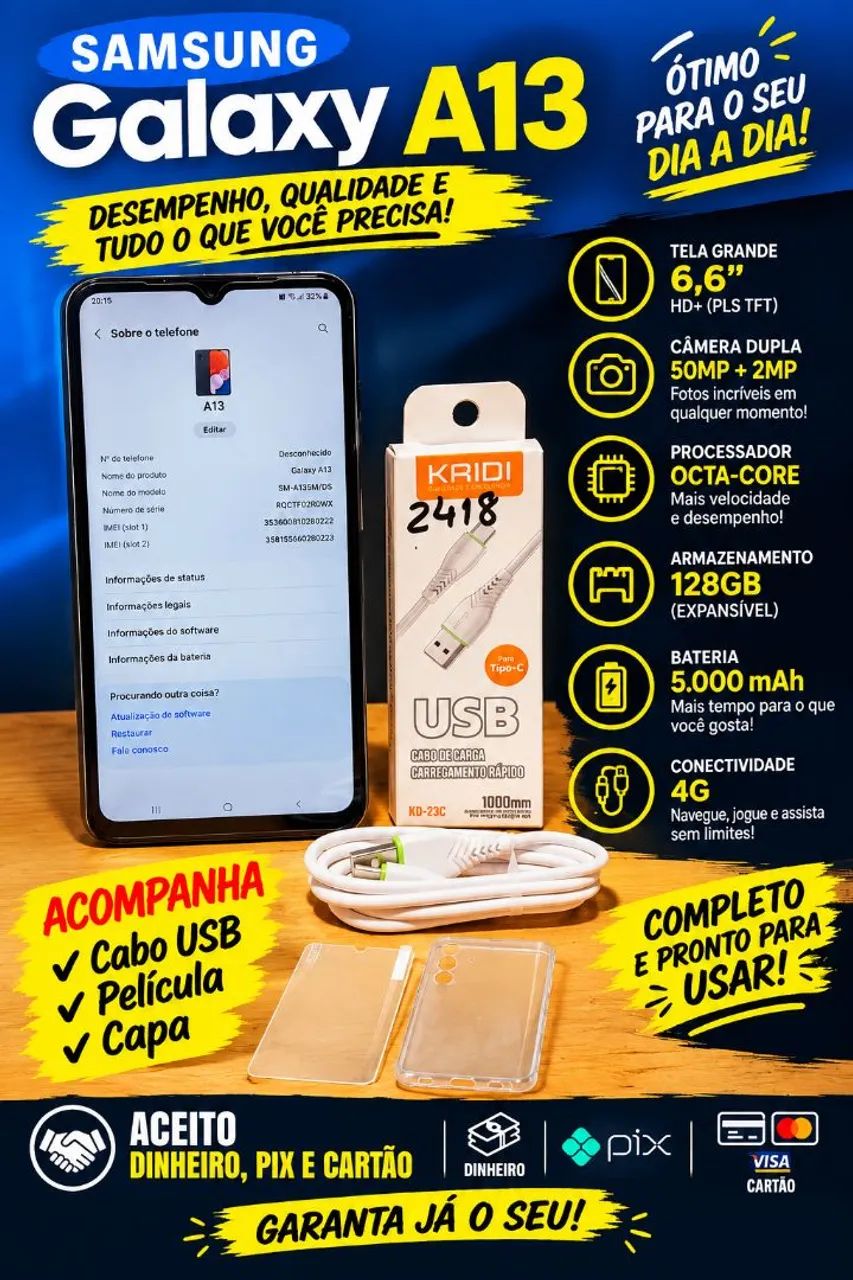 Samsung A13, Capa, Película, Cabo