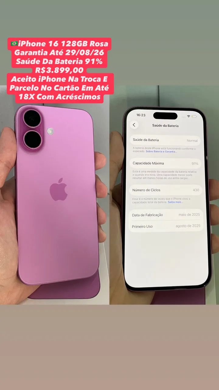 iPhone 16 128GB Rosa - Garantia Até 29/08/26 (Usado)