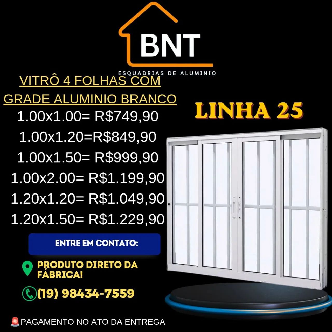 VITRÔ 4 FOLHAS COM GRADE ALUMÍNIO BRANCO 1.00X1.20 (Linha 25)