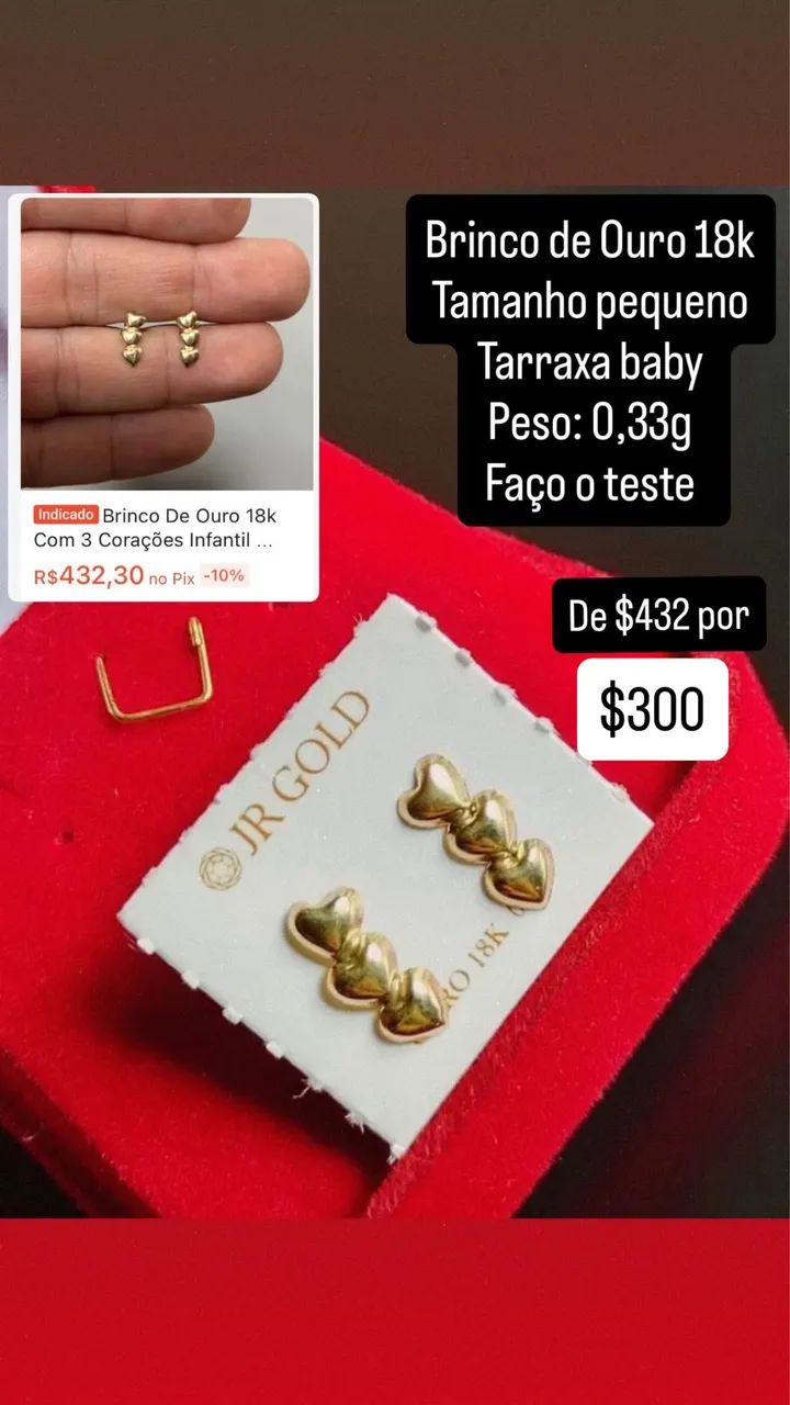 Brinco Ouro 18k, corações ( pequeno ) - Foto 3