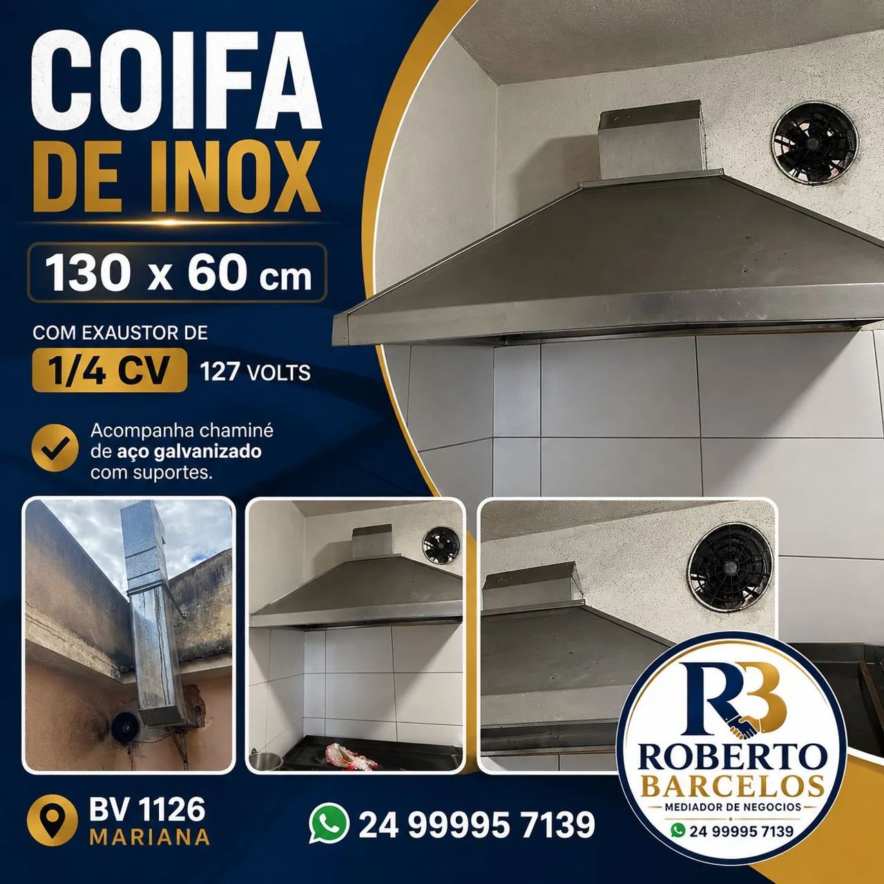 Coifa de inox com exaustor e chaminé galvanizada