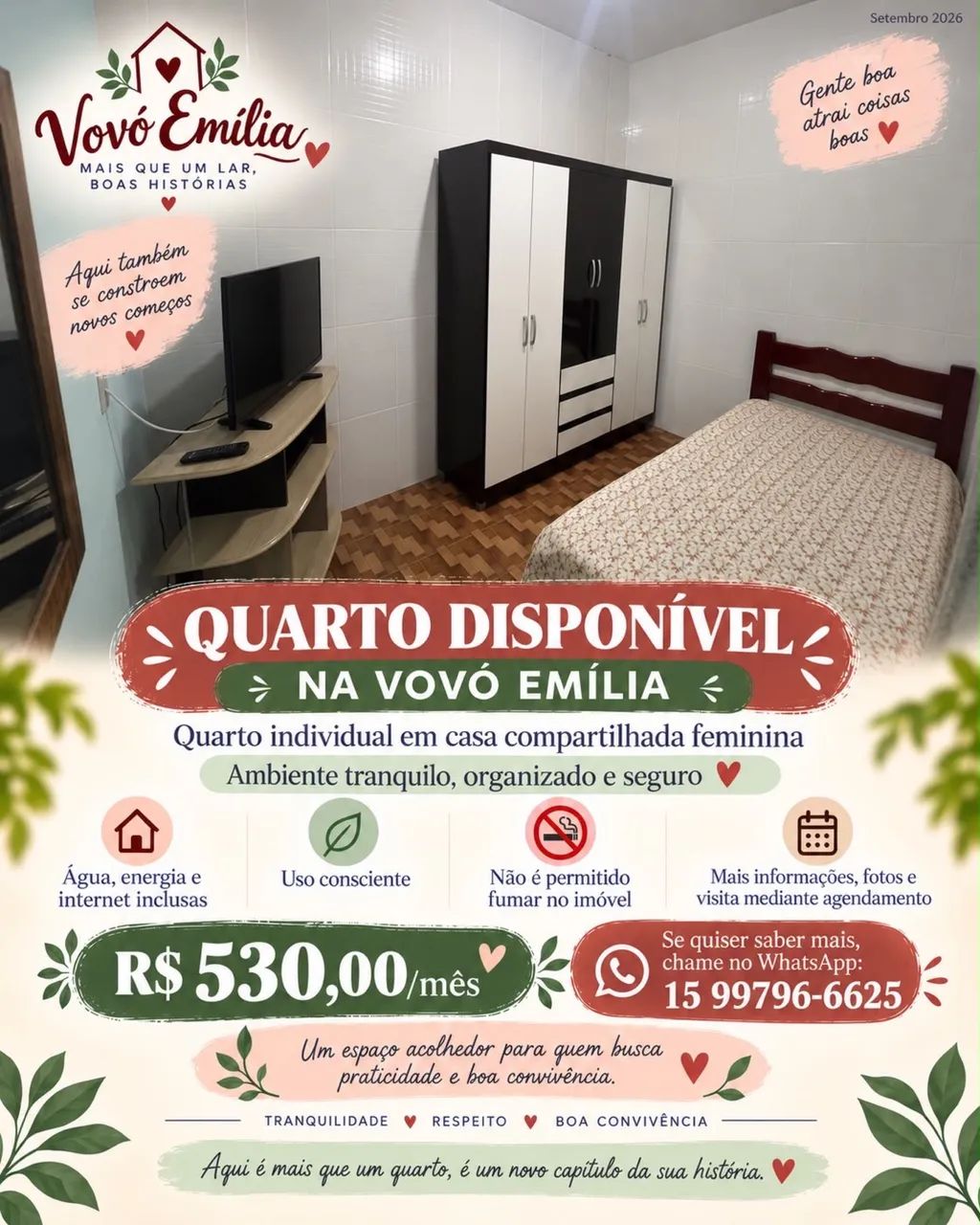 QUARTO INDIVIDUAL DISPONÍVEL EM CASA COMPARTILHADA FEMININA