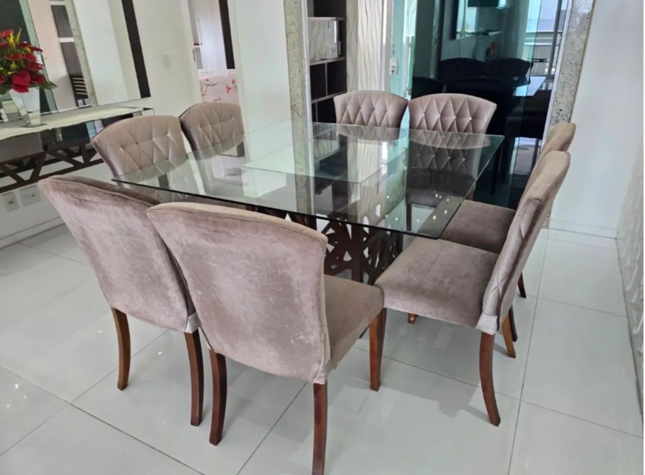 Mesa de jantar com tampo de vidro + 8 cadeiras  - Foto 2