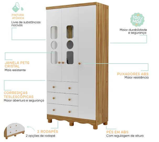 Guarda Roupa Infantil 3 Portas Tedy 100% MDF(Novo) - Foto 4