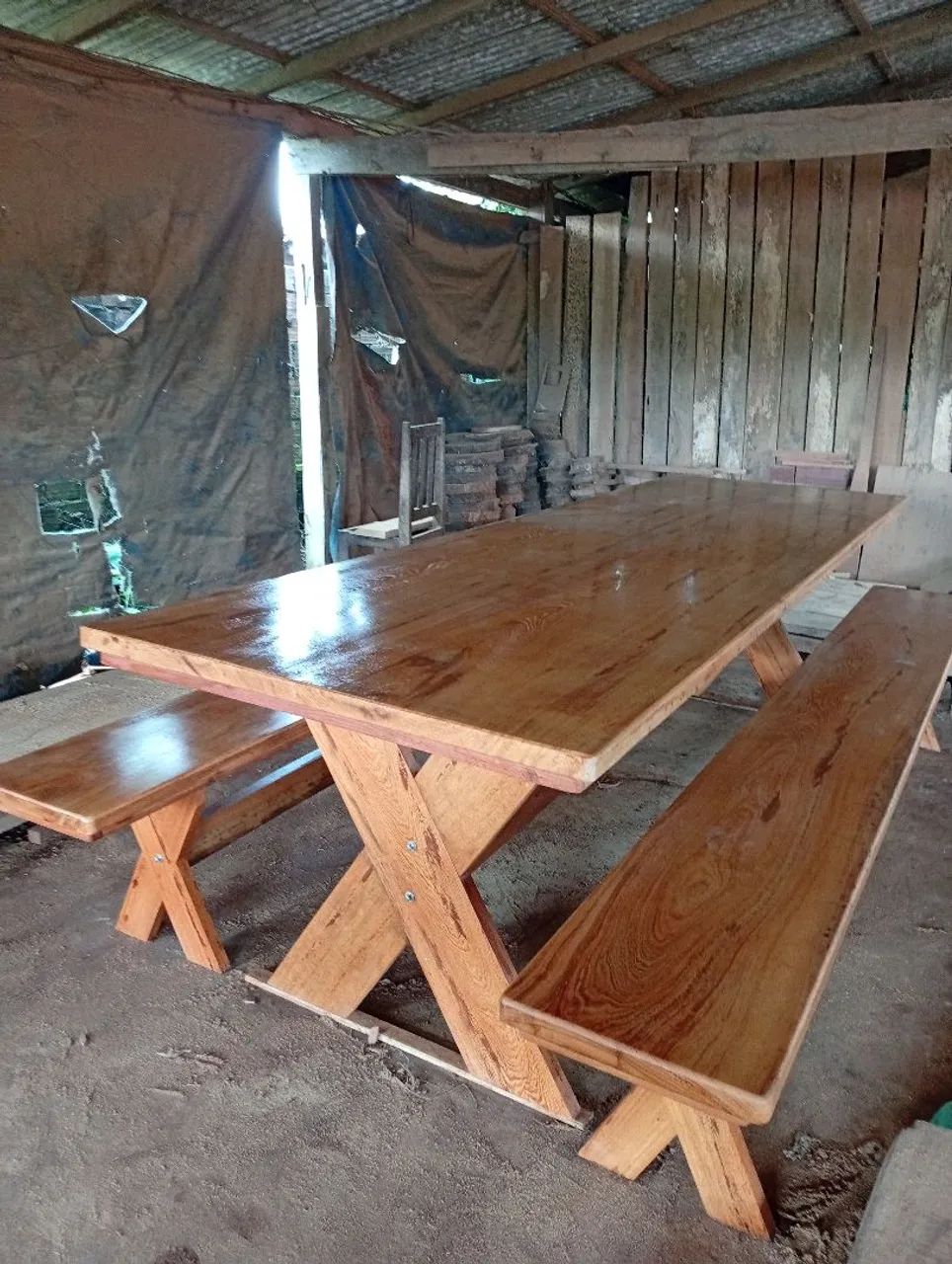 Mesa de Jantar Rústica em Madeira Maciça com Bancos - Foto 5