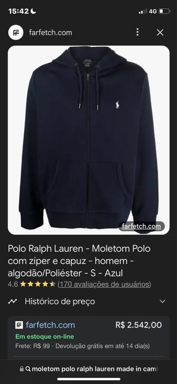 Moletom Polo Ralph Lauren Azul com Zíper e Capuz