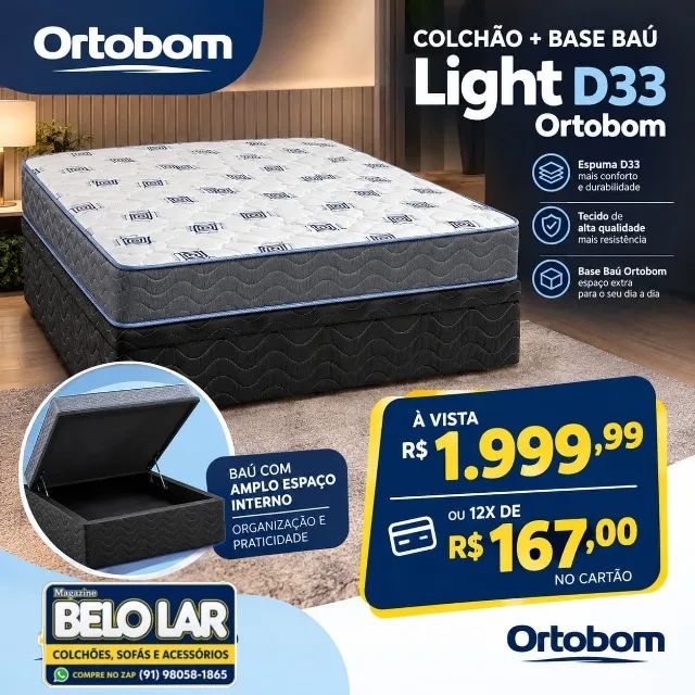 Colchão Light D33 Casal + Base Baú Ortobom