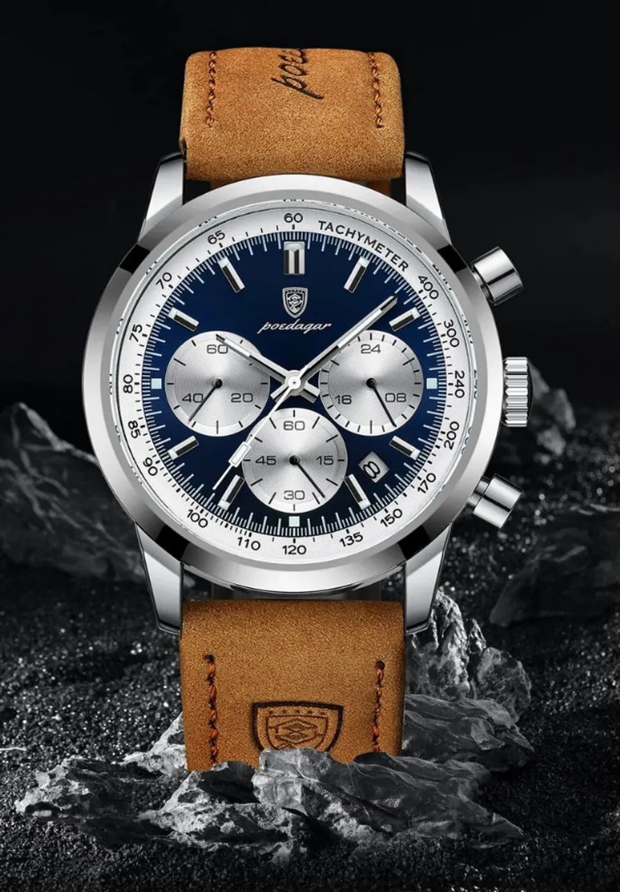 Relógio de pulso Poedagar 921 Silver Blue com pulseira em couro ecológico