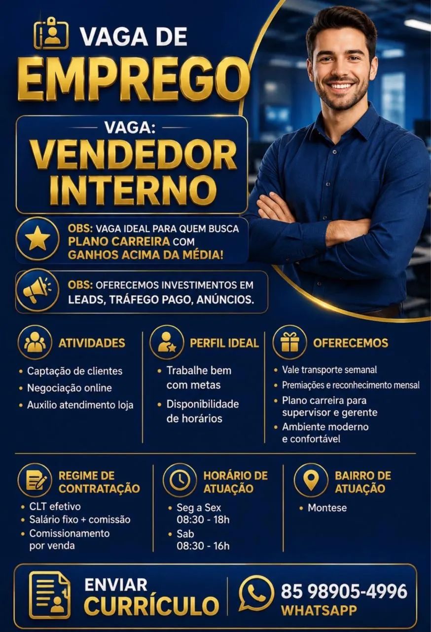 VAGA PARA VENDEDOR INTERNO 