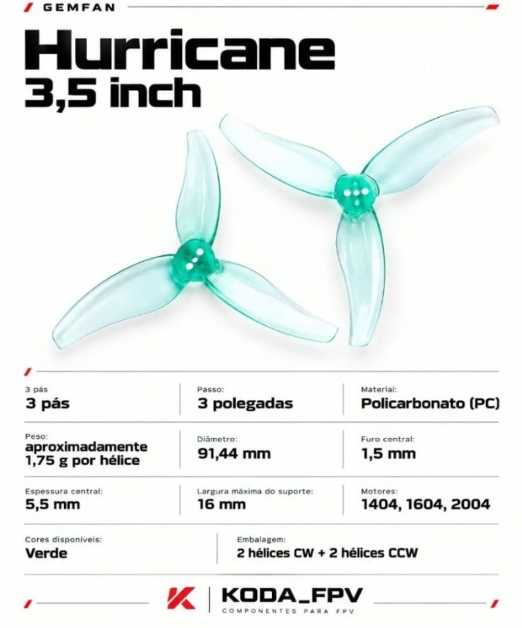 KIT 4X Hélices Gemfan Hurricane 3,5" | 3 pás