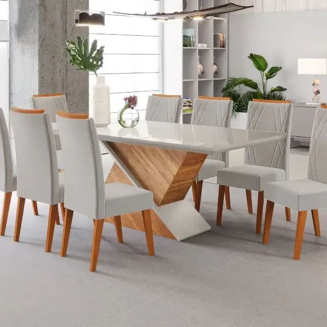 Mesa de Jantar com Tampo de Vidro Cinza Claro + 8 Cadeiras
