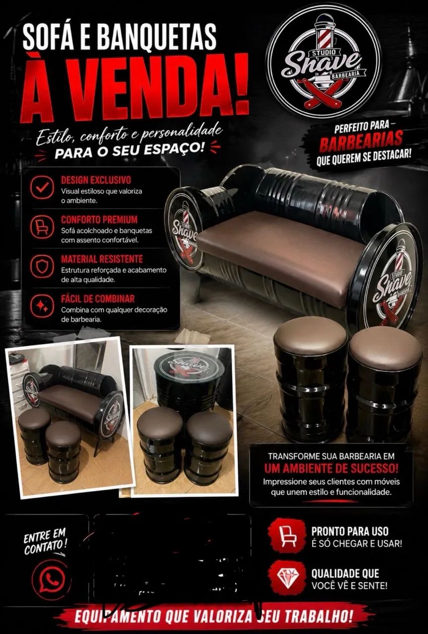 Sofá e banquetas para barbearia 