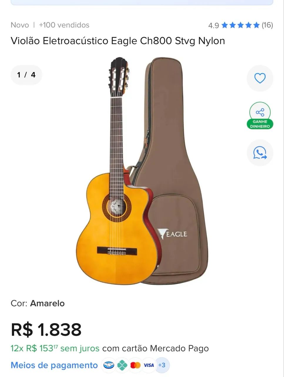 Violão Eagle CH 800 Eletroacústico Nylon - Foto 3