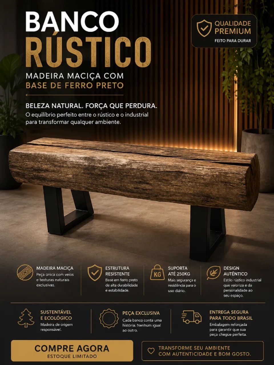 Banco Rústico Madeira Maciça com Base de Ferro - Fabricamos móveis sob encomenda