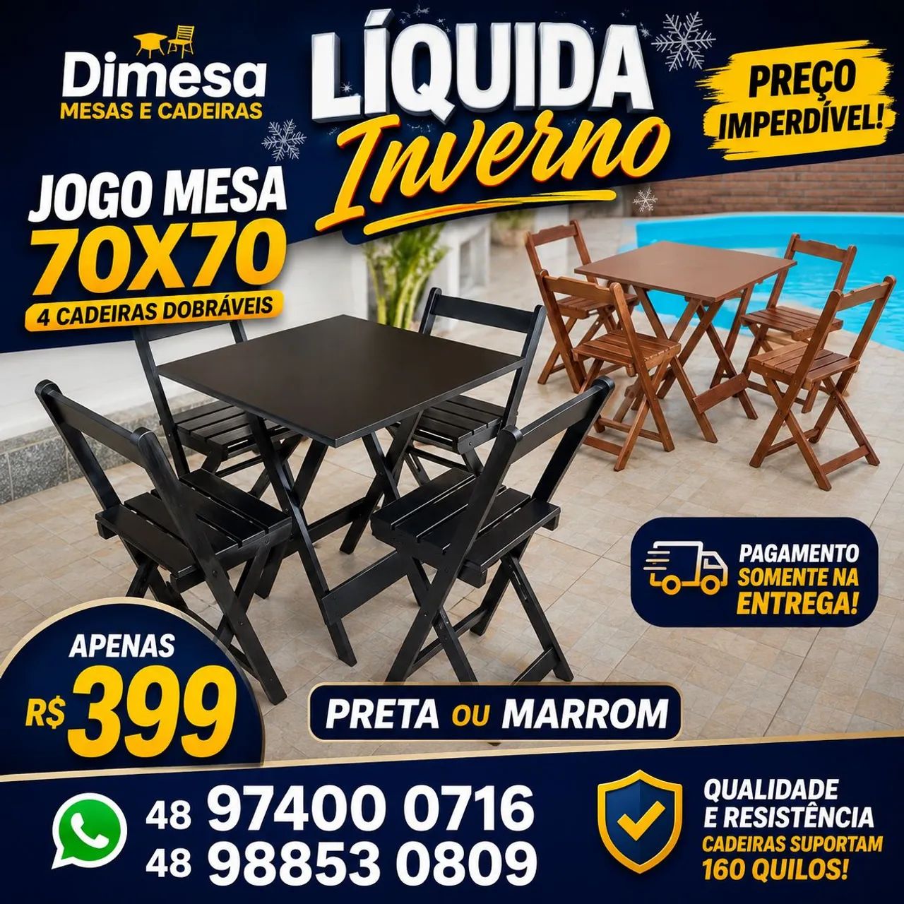 Combo mesa 70x70 + 4 cadeiras dobráveis, preta ou marrom 