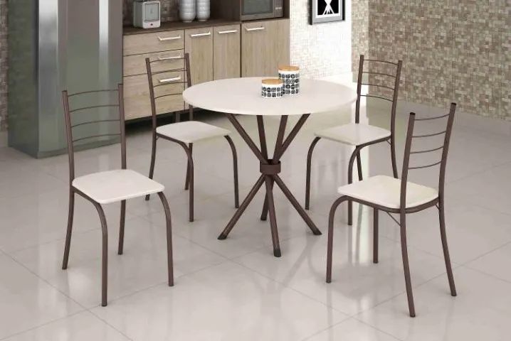 Mesa de Cozinha Rio Marrom Tmp Ardosia Redonda Off White com 4 Cds Marrom - Entrega Rápida