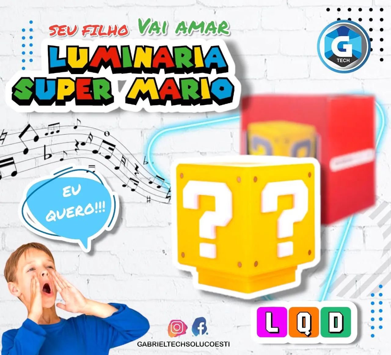 Luminária Cubo Mini Bloco Interrogação: Super Mario Bros - Gtech