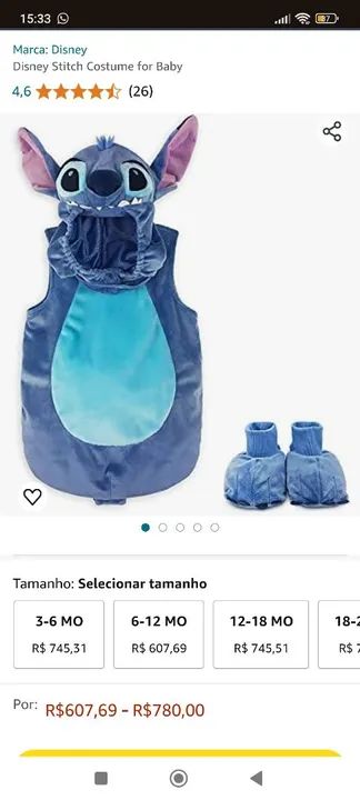 Fantasia Disney Stitch Bebê (6 à 12 meses) até 11 KG - Foto 5