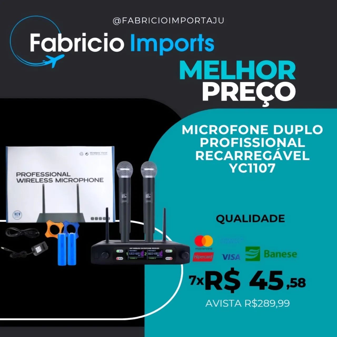 Microfone Duplo Profissional Recarregável 