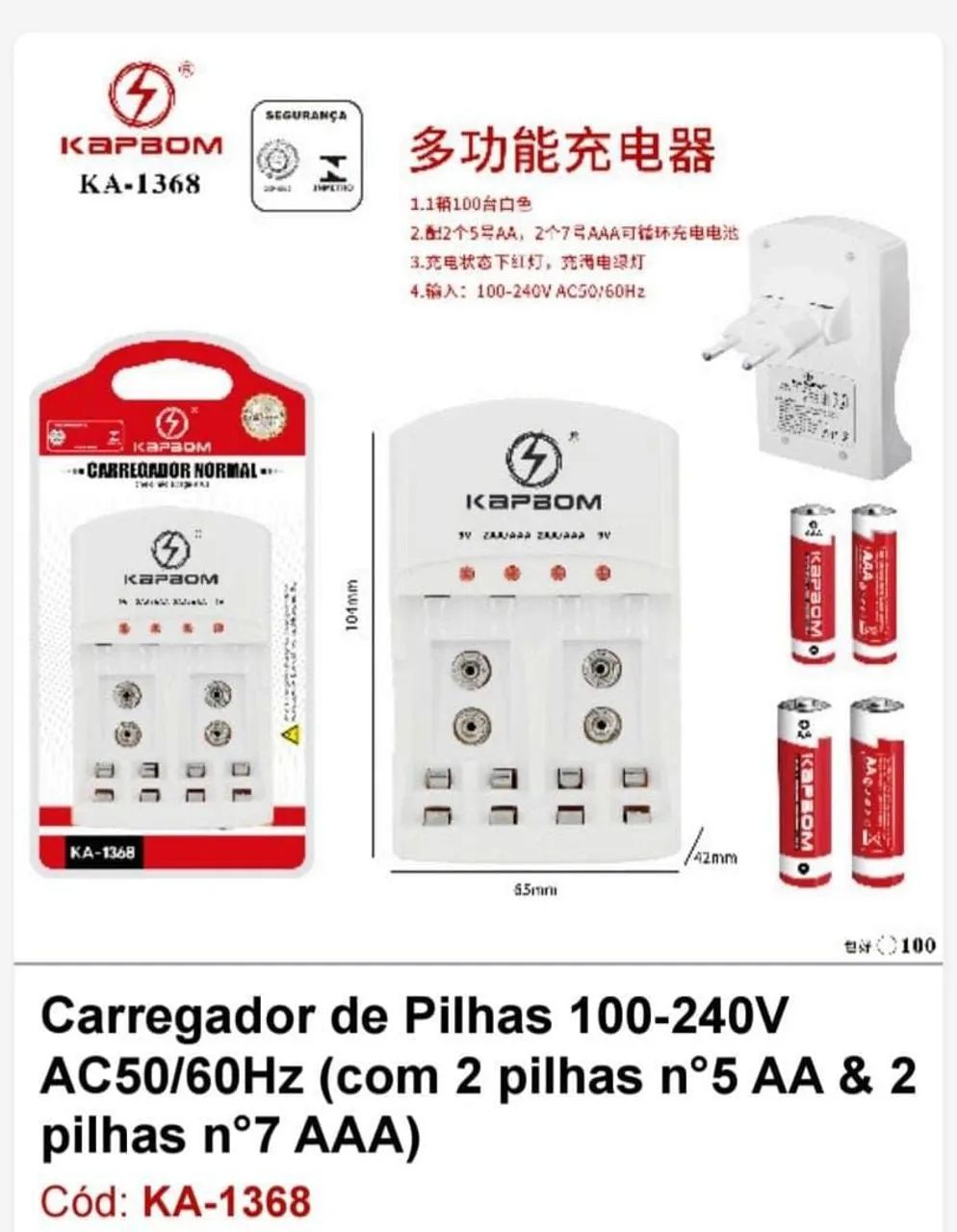 Carregador de Pilhas KAPBOM KA-1368 - AA e AAA