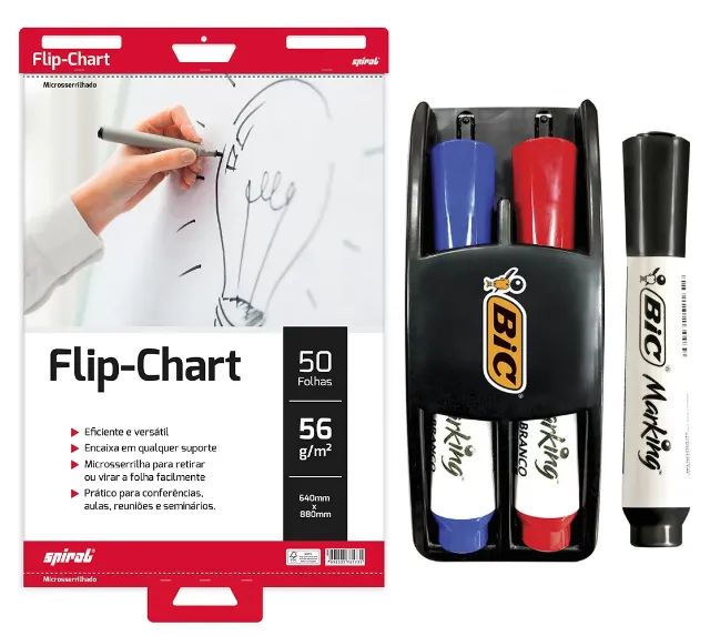 Flip Chart Office Magnético Branco STALO + Bloco de Papel + Kit Apagador/Canetas