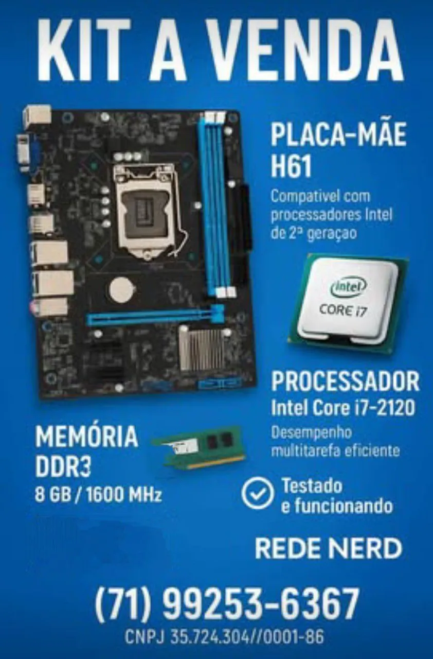 Kit Placa-Mãe H61, Processador i7-2120 e Memória DDR3 8GB 1600 MHz