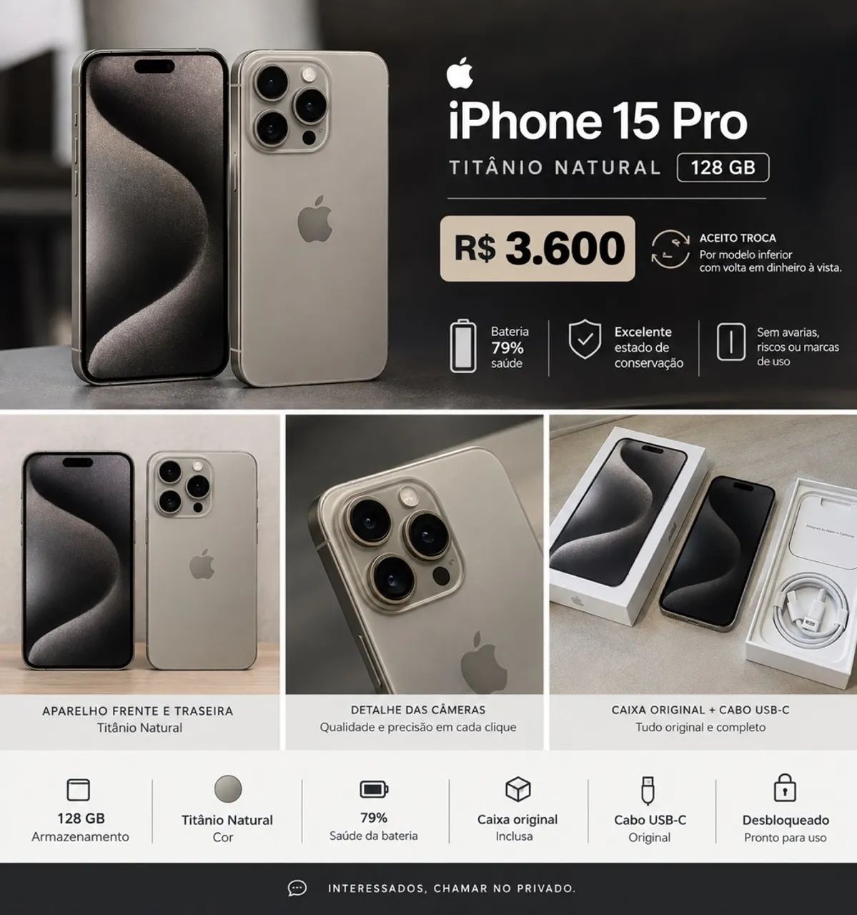 iPhone 15 Pro 128 gb - Titânio Natural 