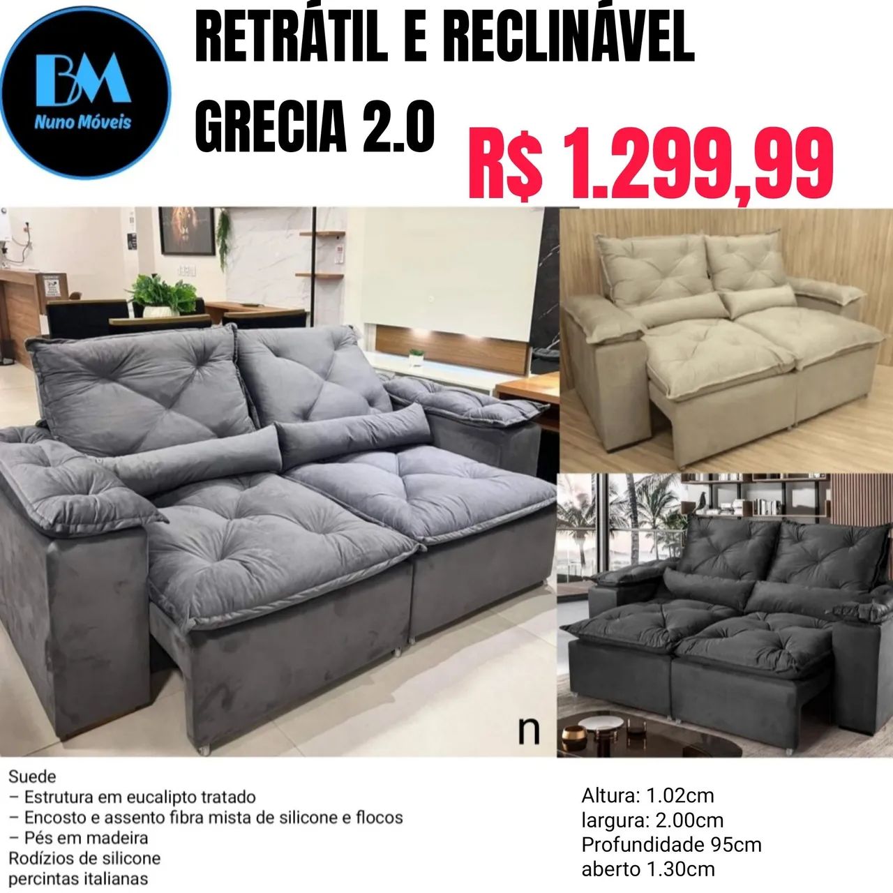 Sofá retrátil reclinável em Suede 
