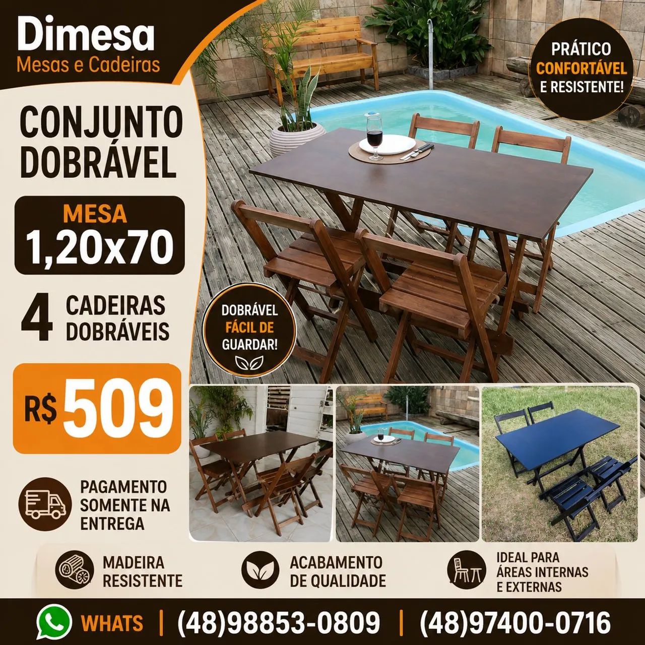 Mesa 1,20x70 4 cadeiras dobráveis imbuia ou preto  - Foto 2