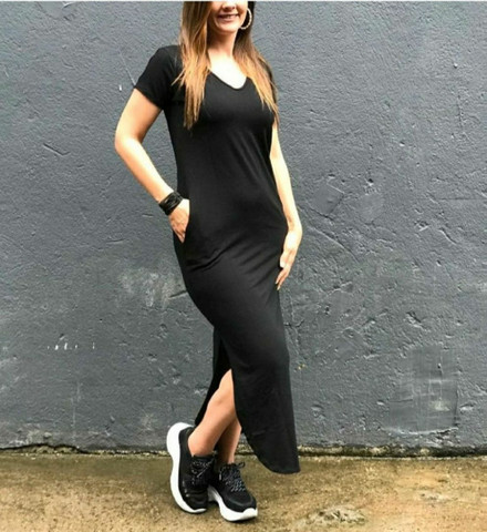 vestido longo com bolso lateral