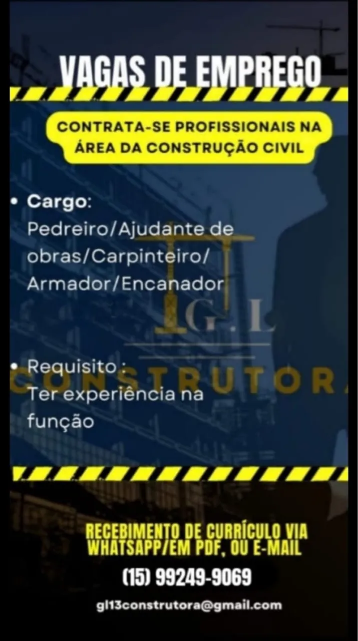 Vaga de emprego, na área de construção civil 