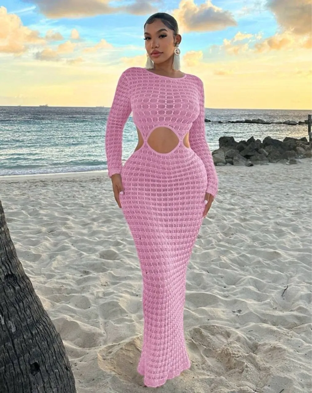 Vestido Longo de Praia Rosa Crochê