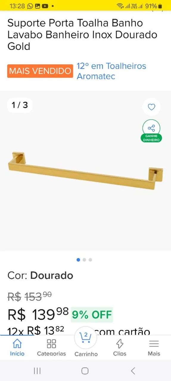 Porta toalha de metal dourado 