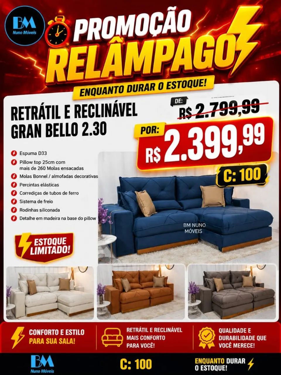 Sofá Retrátil e Reclinável Gran Bello 2.30