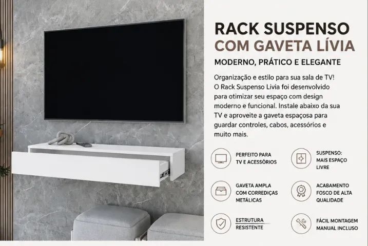 RACK SUSPENSO COM GAVETA LÍVIA - MODERNO, PRÁTICO E ELEGANTE