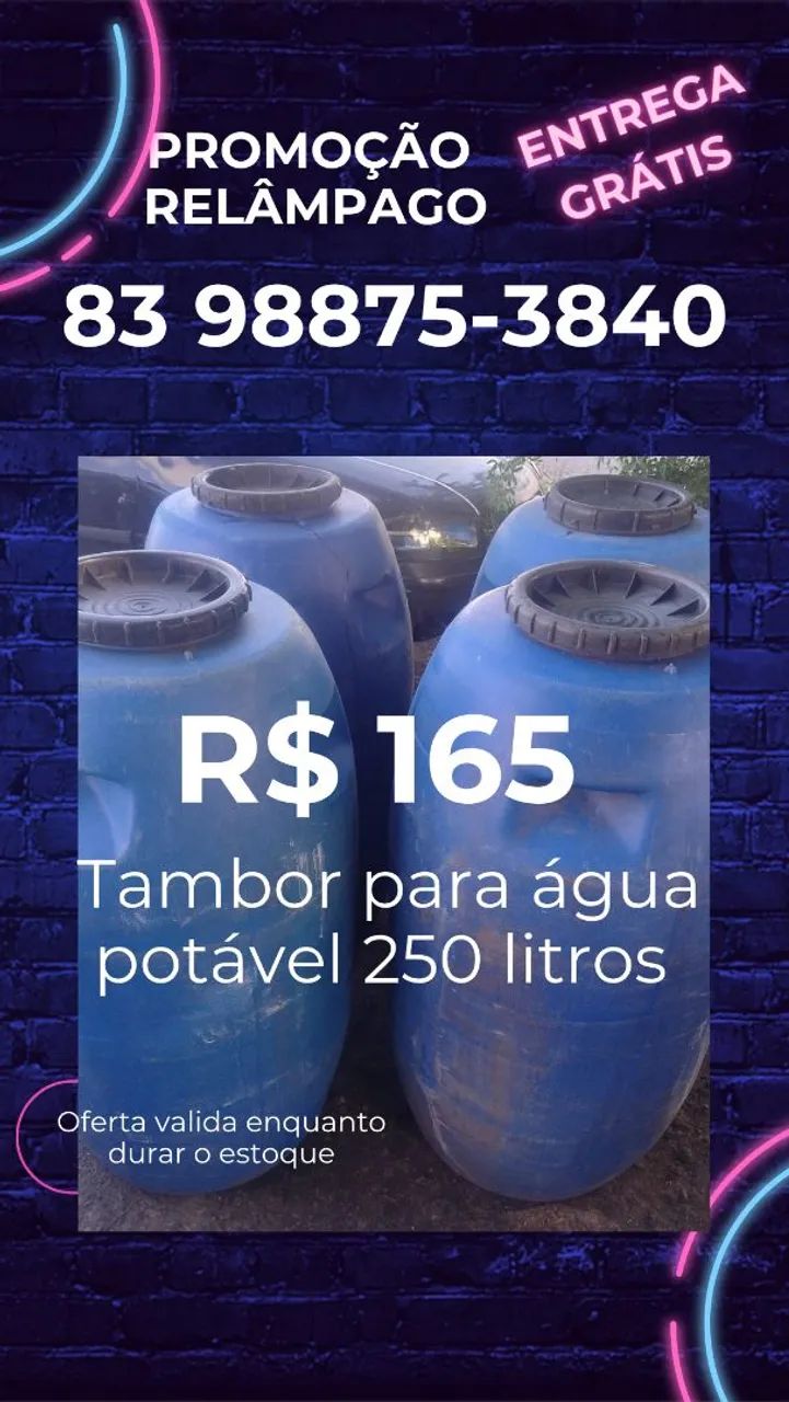 Tambor para água potável de 250 litros tampa rosqueável entrega grátis 