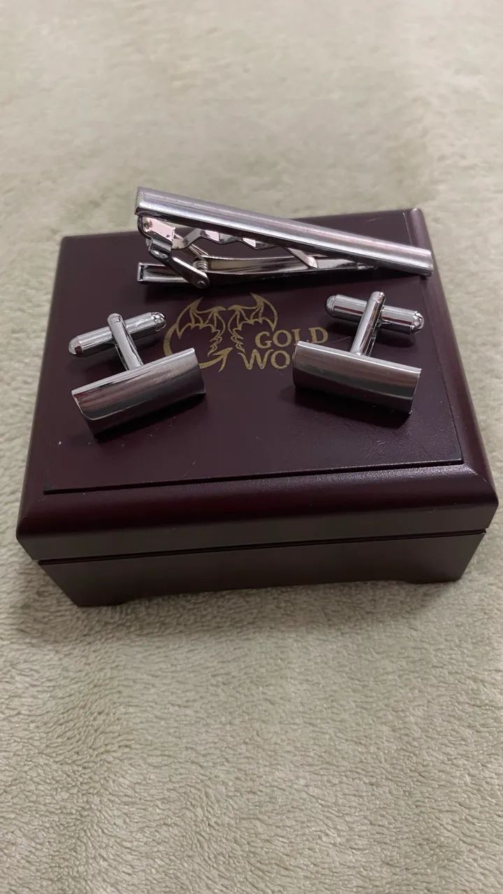 kit executivo gold wood abotoaduras e prendedor - Foto 4