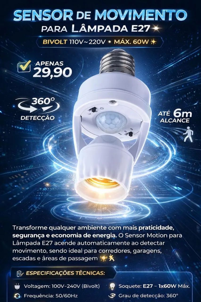 SENSOR DE MOVIMENTO PARA LÂMPADA - Foto 2