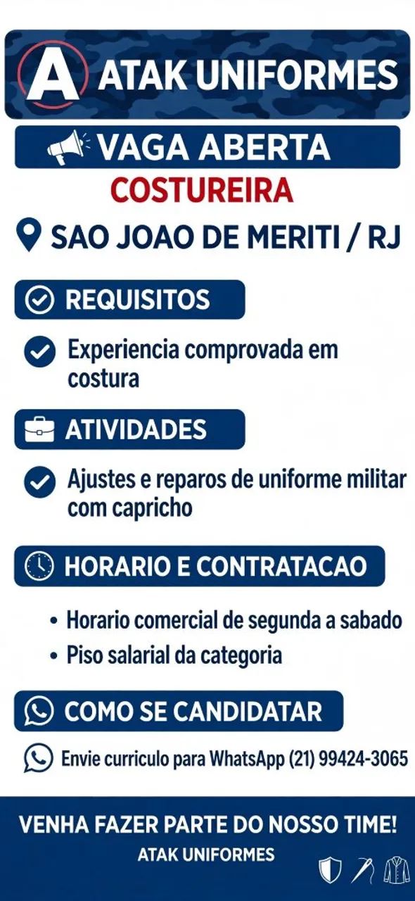 VAGA PARA COSTUREIRA