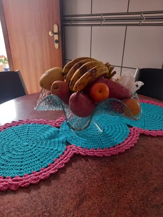 Kit crochê 2 peças - azul/rosa -  1pç 35cm larg. x 92cm comp. + 1pç 35cm larg. x 55cm comp - Foto 2