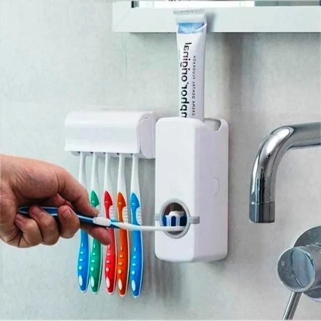 Dispenser Pasta De Dente + Suporte para 5 Escovas + Dupla face par colar - Foto 2