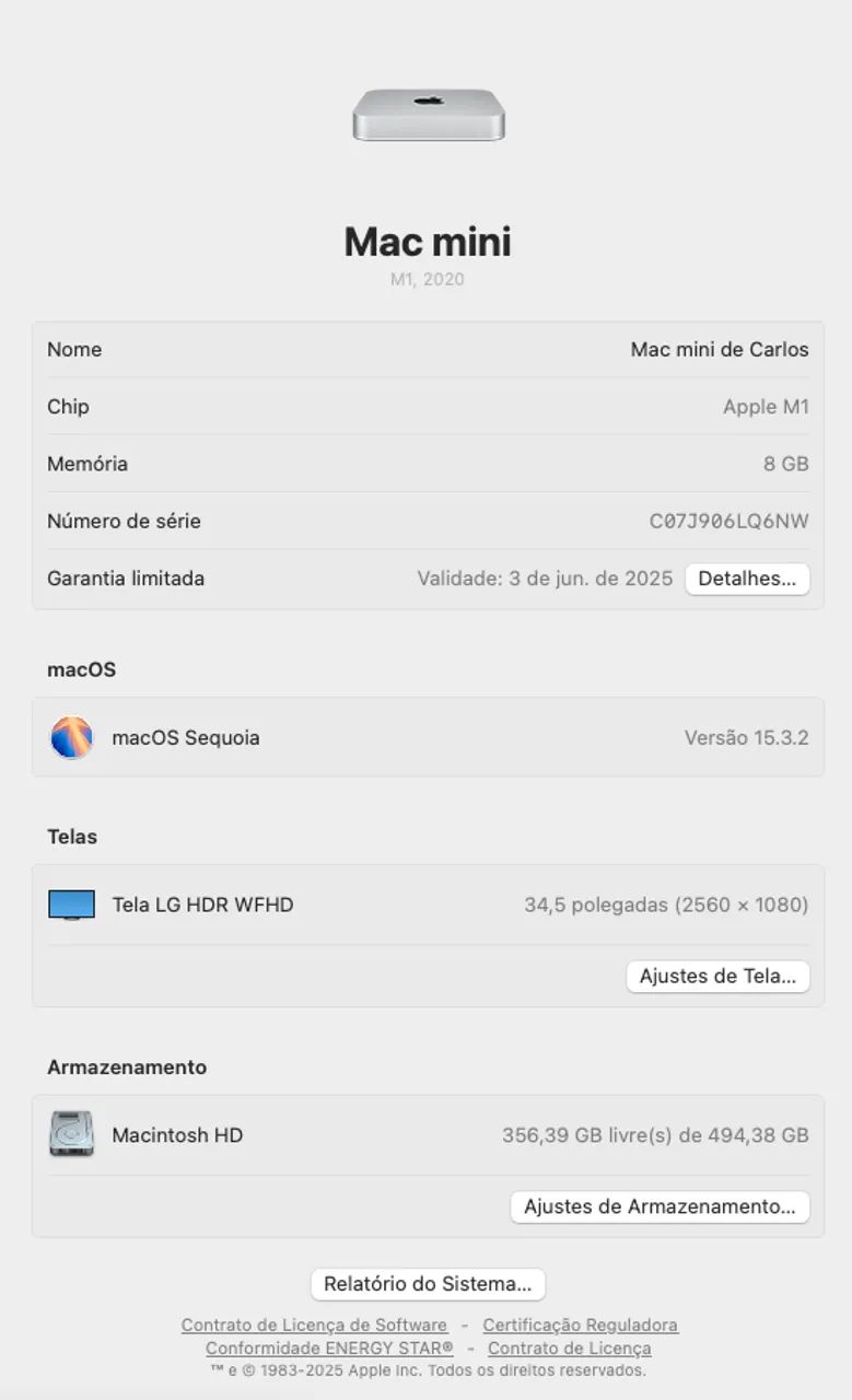 Apple Mac Mini M1 Chip 2020 8gb 512gb Ssd NOVO POUCO USO GARANTIA