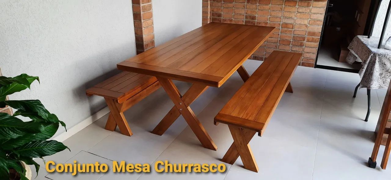 Mesa de Churrasco de Madeira Maciça com Bancos - Foto 4