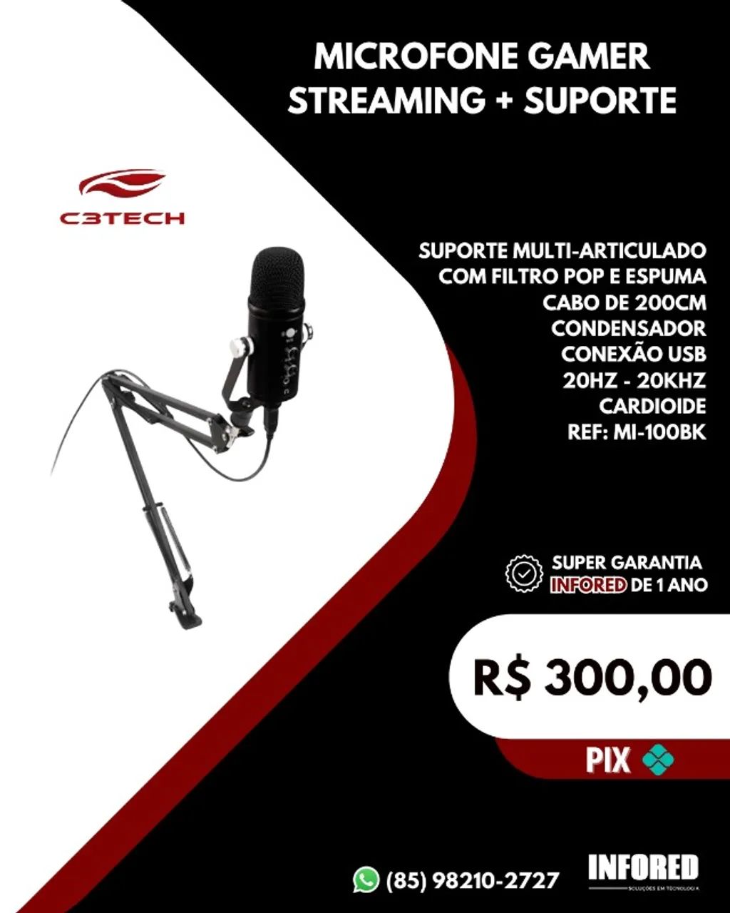 Microfone gamer streaming + suporte MI-100BK