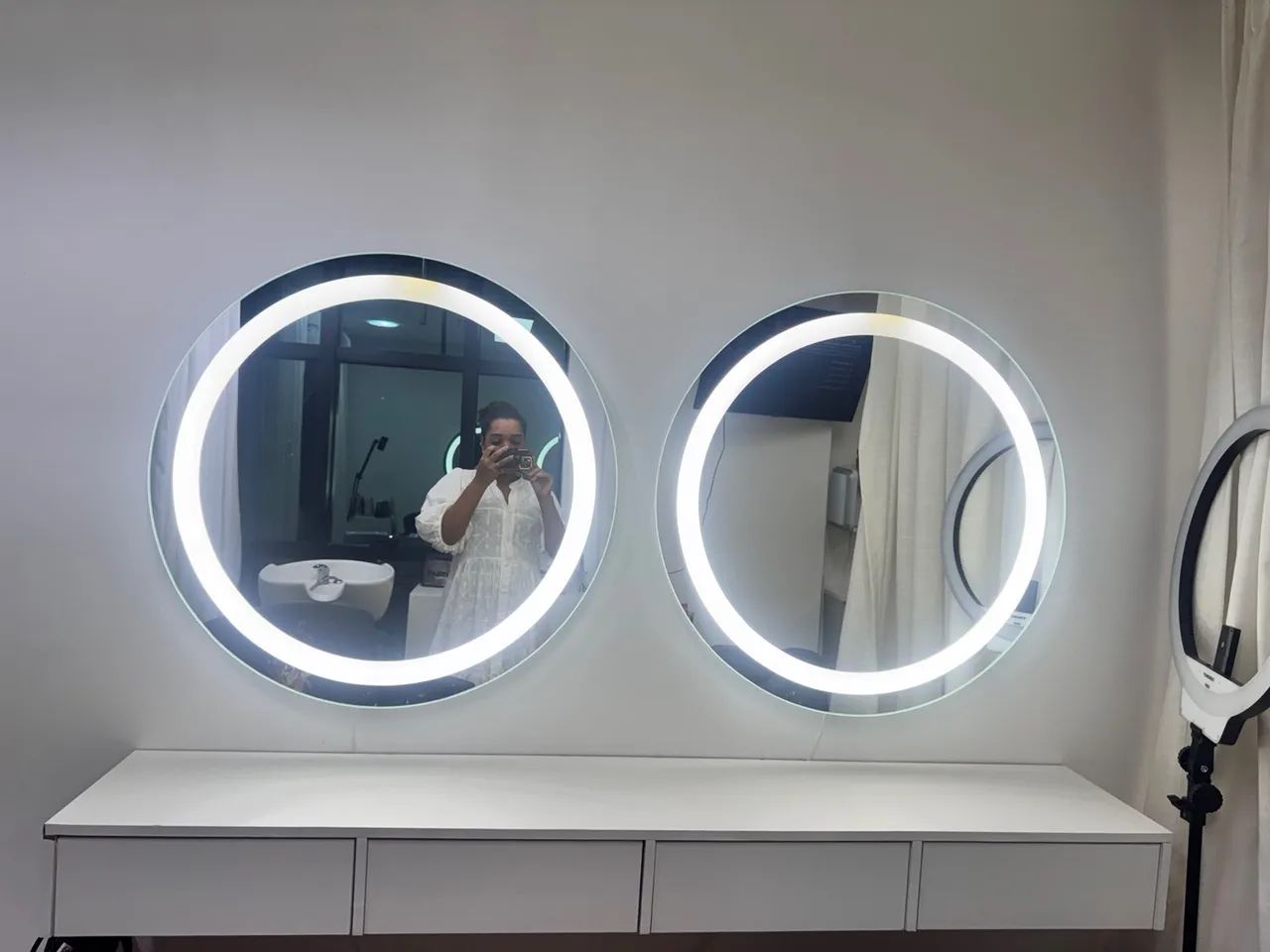 Espelho profissional de led para salão de beleza, bancada branca 